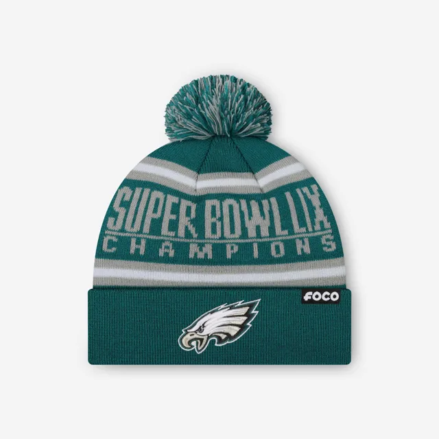Philadelphia Eagles Super Bowl LIX Champions Bonnet à pompon à rayures avec logo principal vert nuit