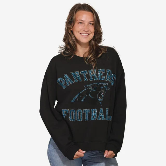 Carolina Panthers Sweat-shirt surdimensionné à col rond avec logo strass pour femme