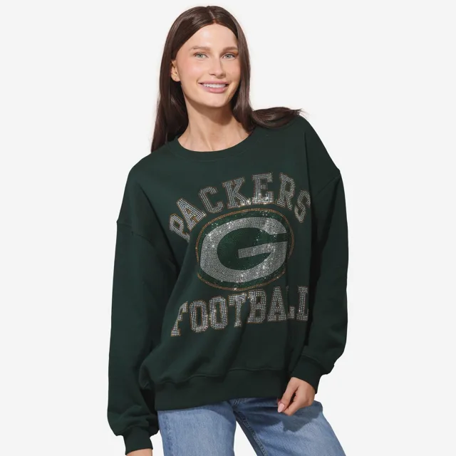 Green Bay Packers Sweat-shirt surdimensionné à col rond avec logo strass pour femme