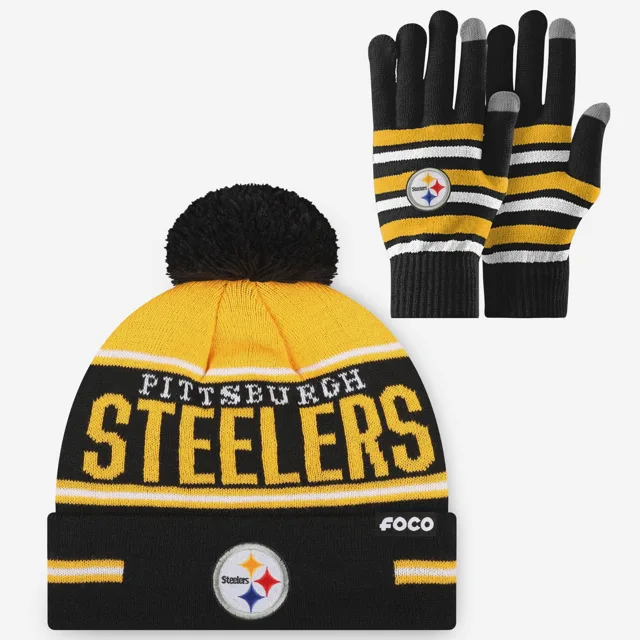 Ensemble de gants extensibles Pittsburgh Steelers et bonnet à pompon à rayures avec grand mot-symbole