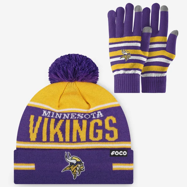 Ensemble de gants extensibles Minnesota Vikings et bonnet à pompon à rayures avec grand mot-symbole