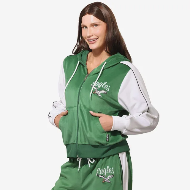 Philadelphia Eagles Haut zippé en velours bicolore vert Kelly pour femme