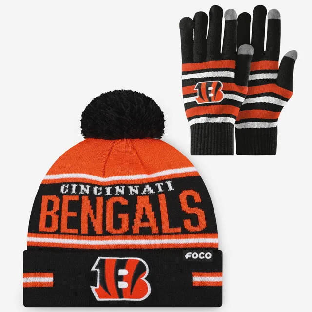Ensemble de gants extensibles Cincinnati Bengals et bonnet à pompon à rayures avec grand mot-symbole