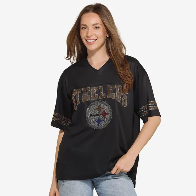 Pittsburgh Steelers T-shirt surdimensionné en maille à col en V avec logo strass pour femme