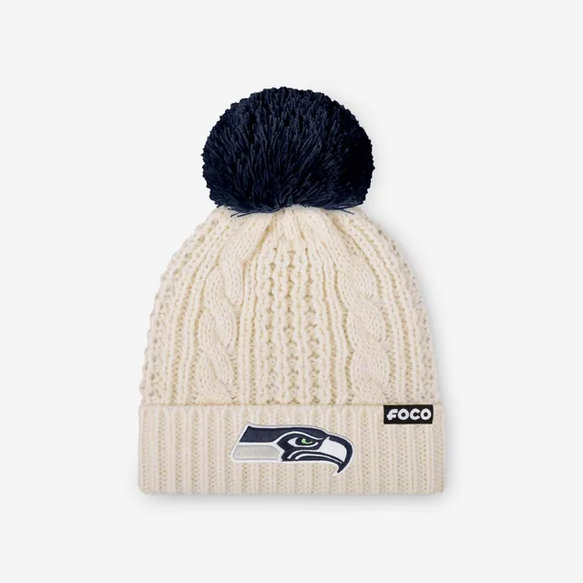 Seattle Seahawks Bonnet à pompon en tricot torsadé blanc avec logo principal pour femme