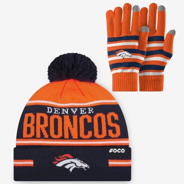 Ensemble de gants extensibles Denver Broncos et bonnet à pompon à rayures avec grand mot-symbole