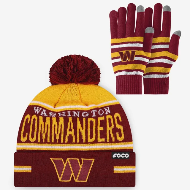 Ensemble de gants extensibles Washington Commanders et bonnet à pompon à rayures avec grand mot-symbole