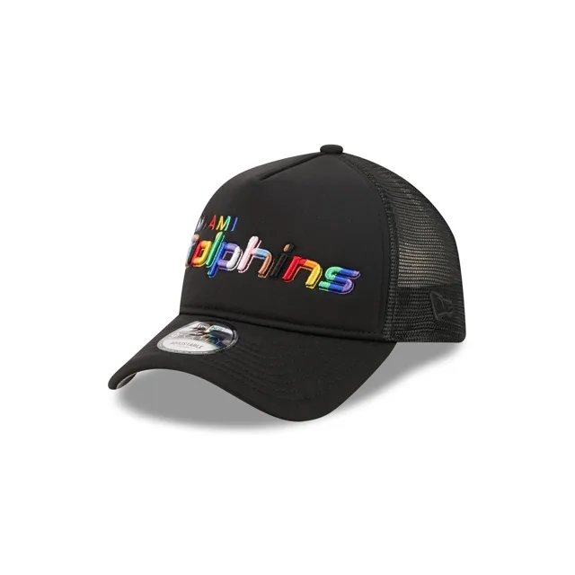 Miami Dolphins Casquette de camionneur à cadre en A avec mot-symbole arc-en-ciel 9FORTY