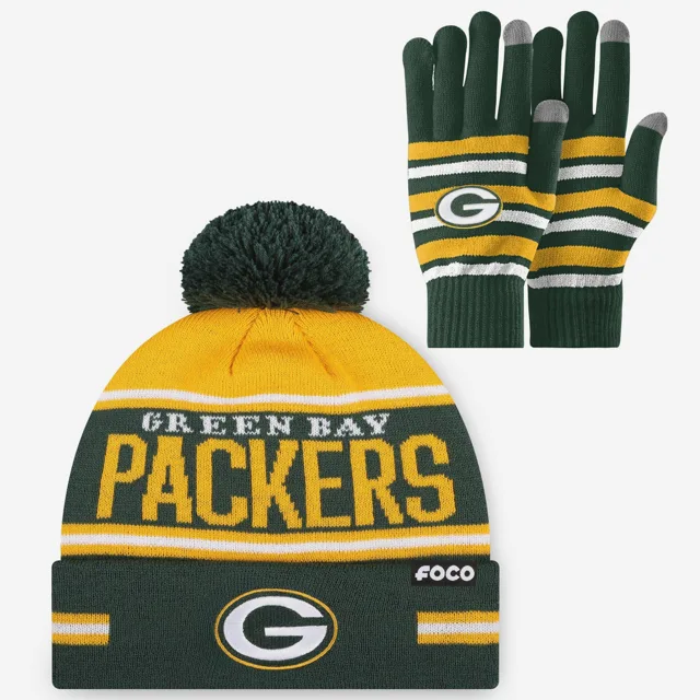 Ensemble de gants extensibles Green Bay Packers et bonnet à pompon à rayures avec grand mot-symbole