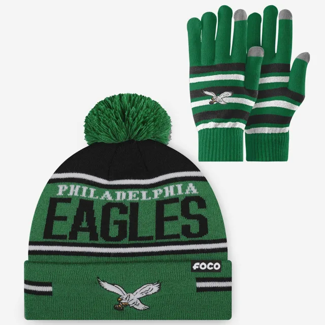 Philadelphia Eagles Ensemble de gants extensibles rétro et de bonnet à pompon à rayures avec grand mot-symbole