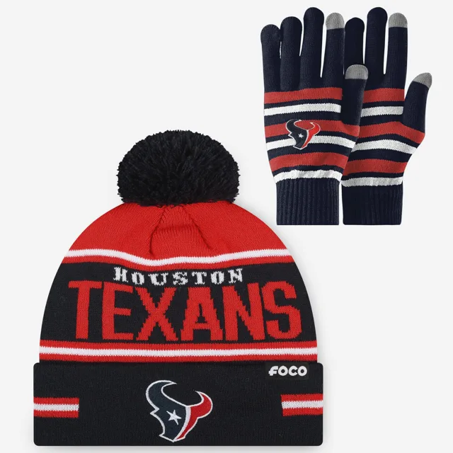 Ensemble de gants extensibles Houston Texans et bonnet à pompon à rayures avec grand mot-symbole