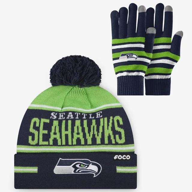 Ensemble de gants extensibles Seattle Seahawks et bonnet à pompon à rayures avec grand mot-symbole