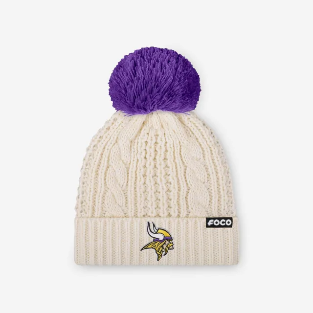 Minnesota Vikings Bonnet à pompon en tricot torsadé blanc avec logo principal pour femme
