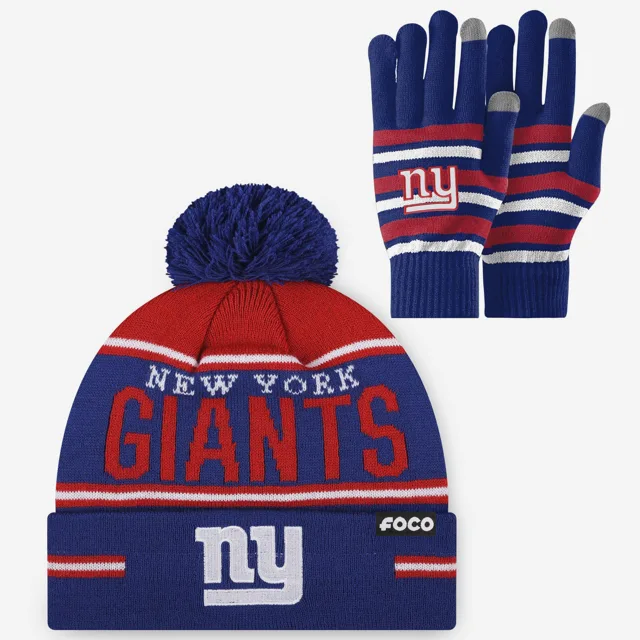 Ensemble de gants extensibles New York Giants et bonnet à pompon à rayures avec grand mot-symbole