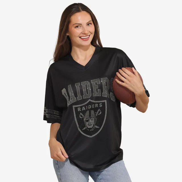 Las Vegas Raiders T-shirt surdimensionné en maille à col en V avec logo strass pour femme
