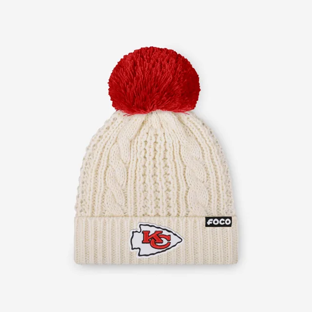 Kansas City Chiefs Bonnet à pompon en tricot torsadé blanc avec logo principal pour femme