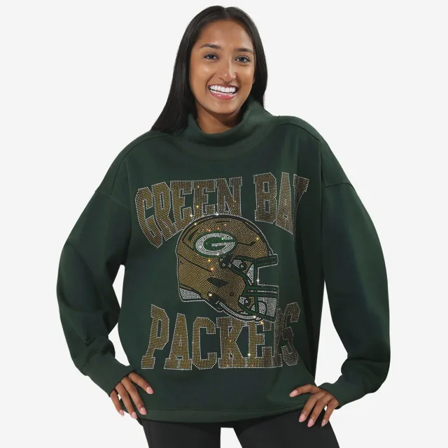 Green Bay Packers Sweat-shirt surdimensionné à col montant avec strass pour femme