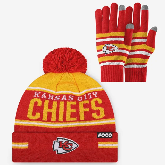 Ensemble de gants extensibles Kansas City Chiefs et bonnet à pompon à rayures avec grand mot-symbole