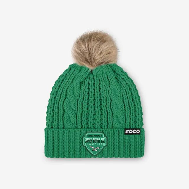 Philadelphia Eagles Bonnet à pompon en tricot torsadé vert Kelly avec logo rétro des champions du Super Bowl LIX