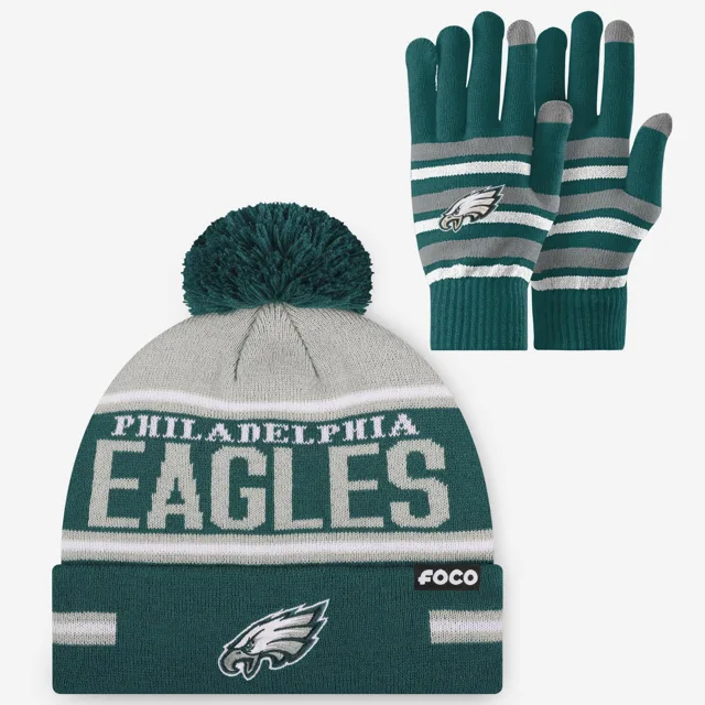 Ensemble de gants extensibles Philadelphia Eagles et bonnet à pompon à rayures avec grand mot-symbole