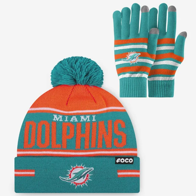 Ensemble de gants extensibles Miami Dolphins et bonnet à pompon à rayures avec grand mot-symbole