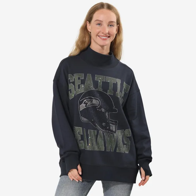 Seattle Seahawks Sweat-shirt surdimensionné à col montant avec strass pour femme