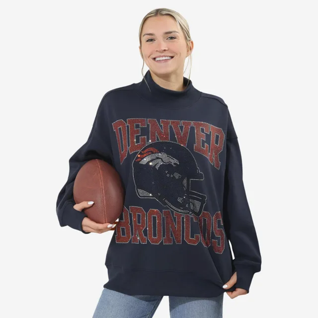 Denver Broncos Sweat-shirt surdimensionné à col montant avec strass pour femme