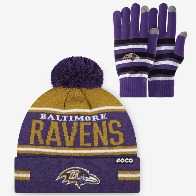 Ensemble de gants extensibles Baltimore Ravens et bonnet à pompon à rayures avec grand mot-symbole