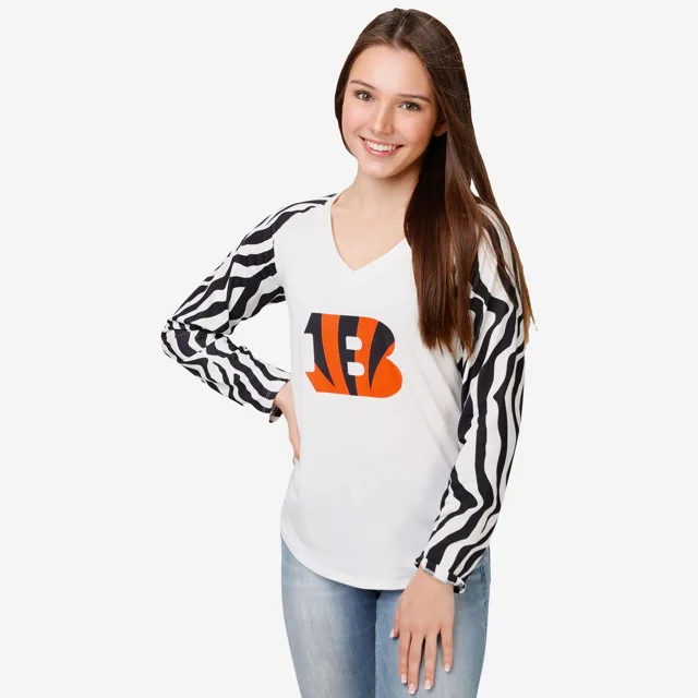 Cincinnati Bengals Chemise raglan à rayures blanches avec grand logo pour femme