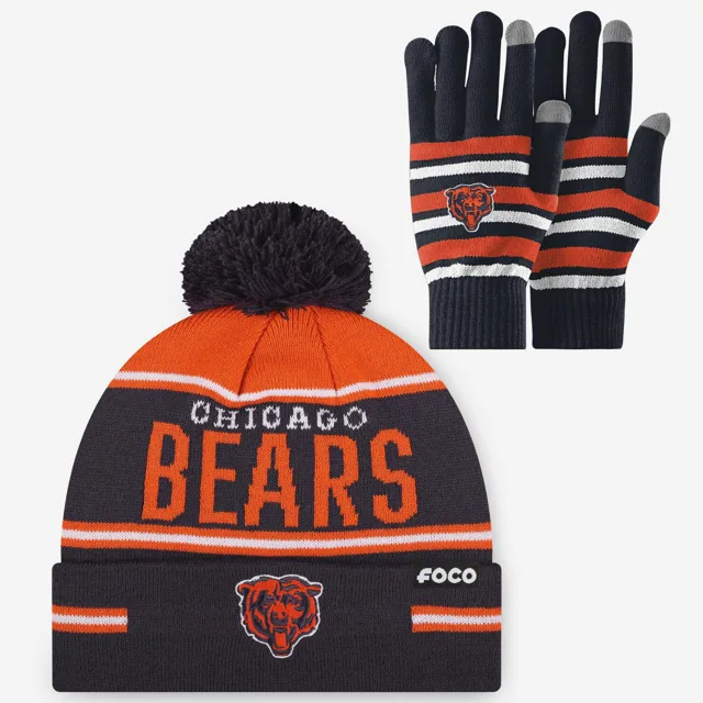 Ensemble de gants extensibles Chicago Bears et bonnet à pompon à rayures avec grand mot-symbole